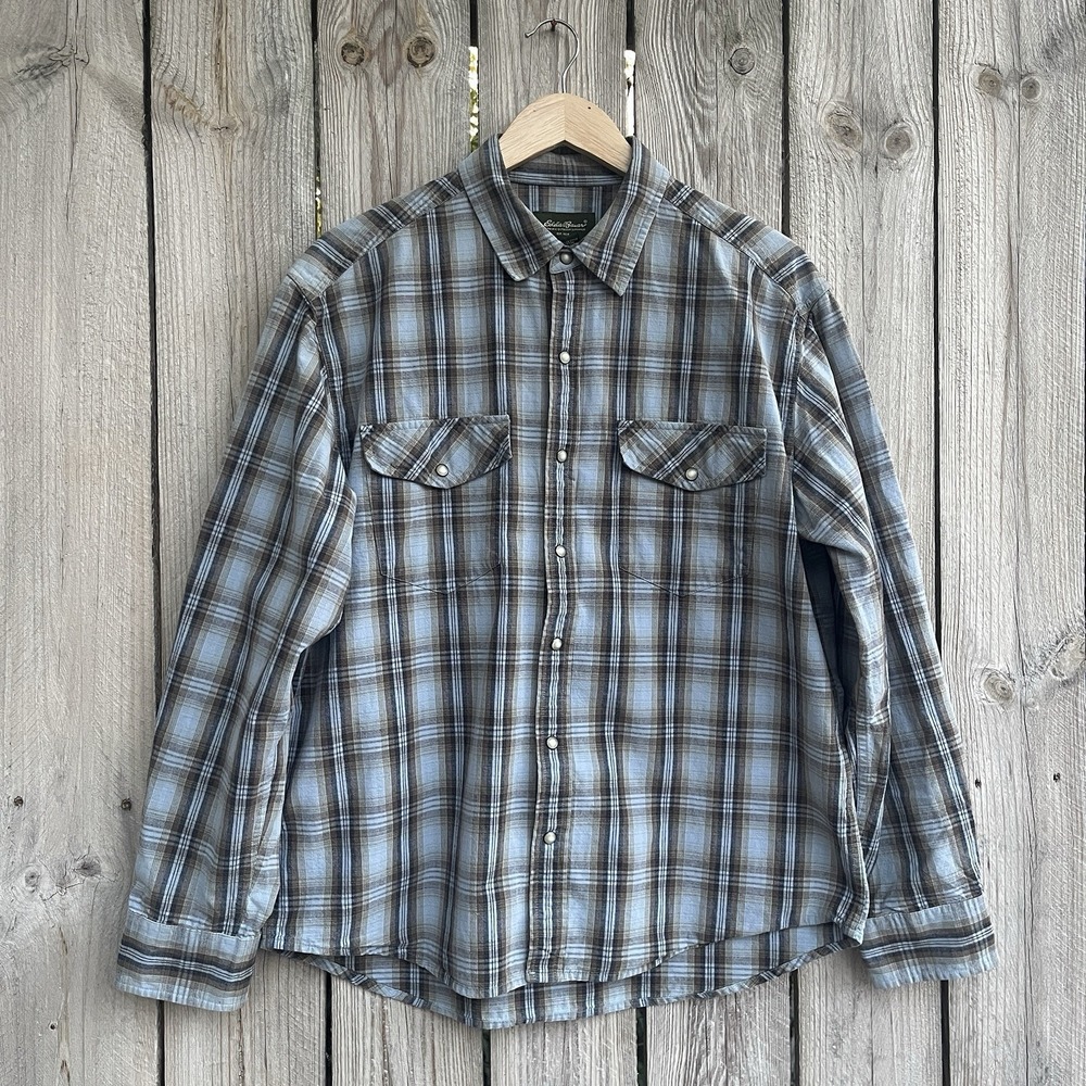Vintage Eddie Bauer Pearl Snap Shirt Mens Medium Plaid Long‎ Sleeve Blue Brown